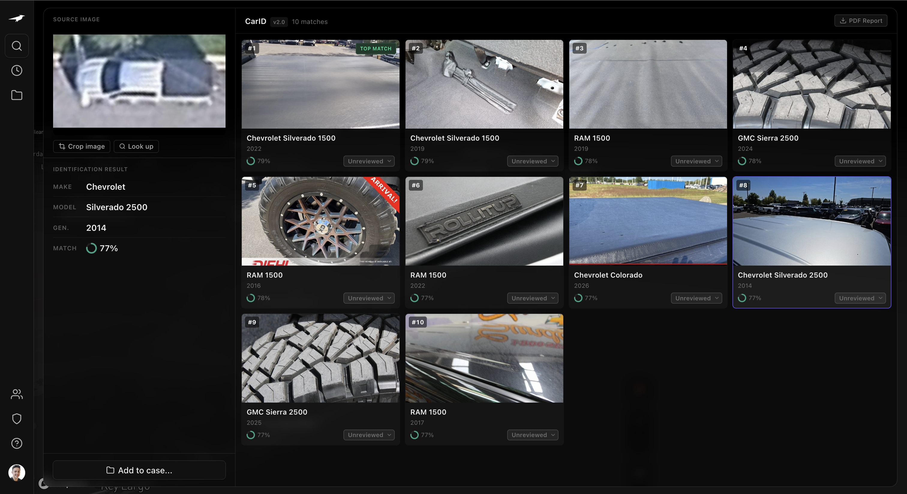 CarID workspace — source image with identification result (Chevrolet Silverado 2500, 2014, 77% match) beside 10 candidate matches ranked by visual similarity