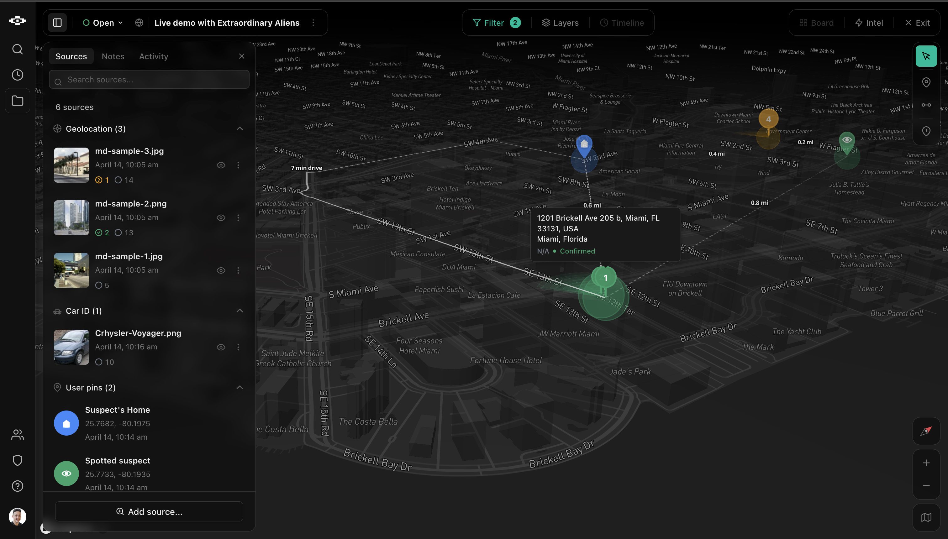 A burglary case — Sources panel with 4 geolocation results and 2 user pins, clustered numbered pins on a Miami-area map
