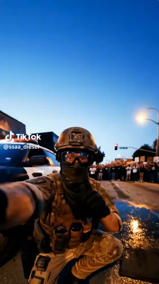 Analyzed image — a person in tactical gear on a street, flagged as AI-generated