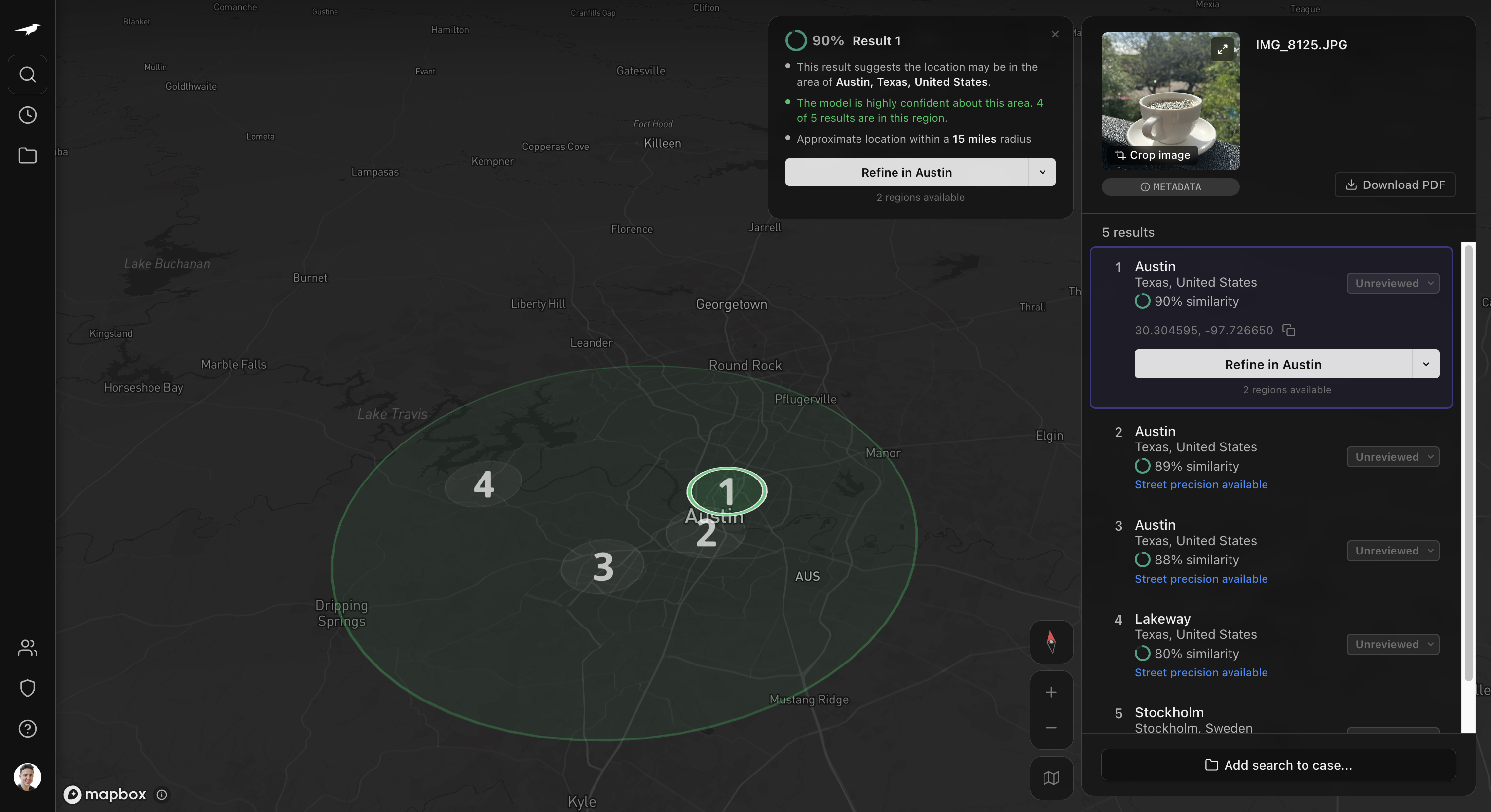 Raven Find Region result — Austin, Texas, United States · 90% match, 4 of 5 results in region