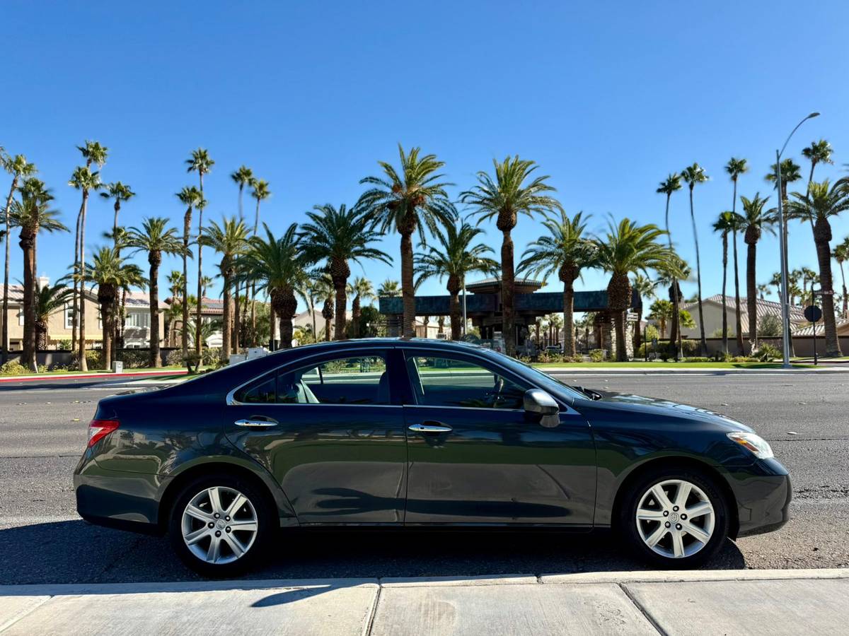 Phone photograph of a dark Lexus ES parked on a palm-lined residential street