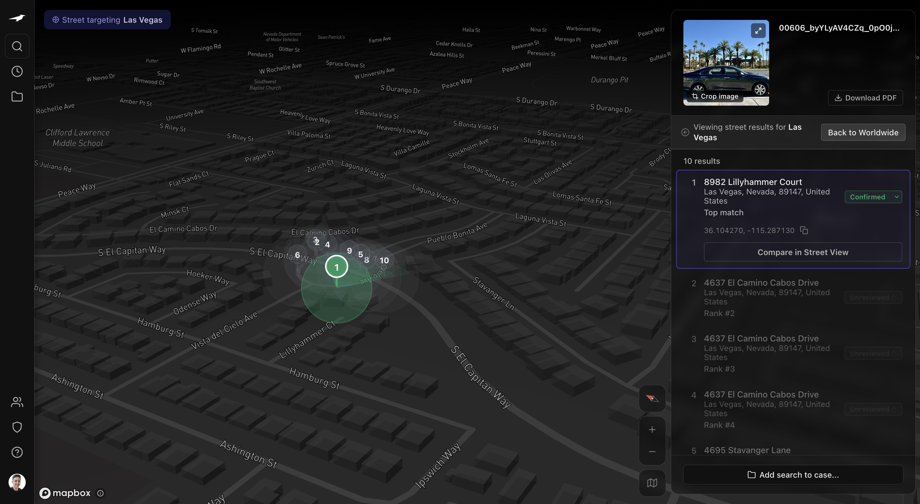 Raven — Street Targeting narrowing to an exact address in Las Vegas, top match confirmed